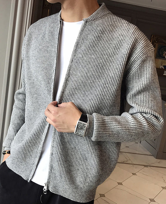 Men Ribbed Zip Up Knit Coat